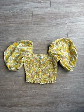 Faithfull the Brand Yellow Floral Smocked Crop Top with Puff Sleeves